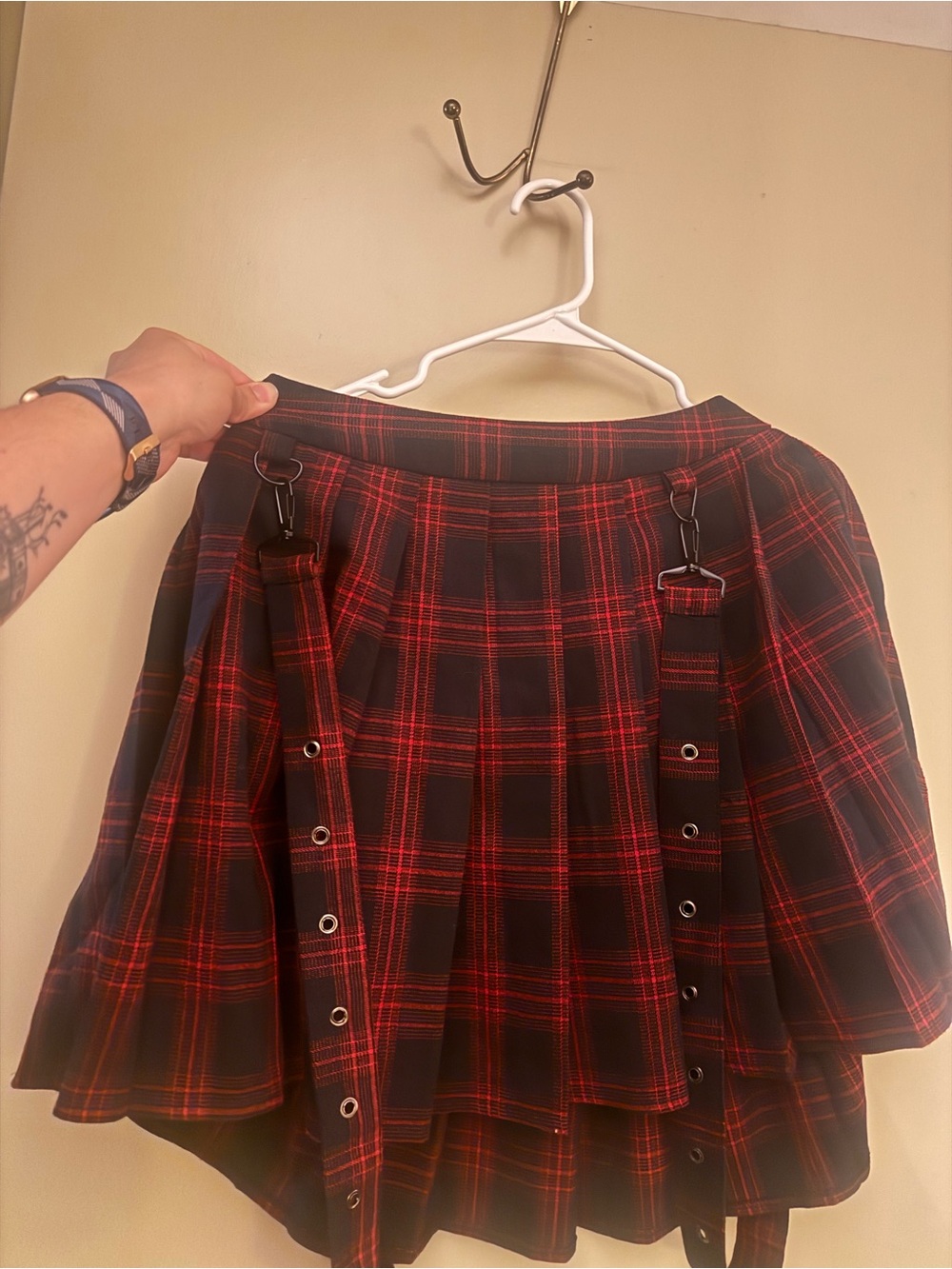 Chou Yatou Red & Black Plaid Skirt with Strap Details